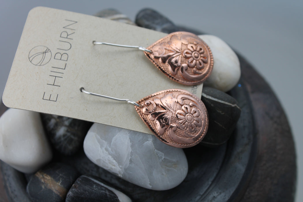 Unsealed Floral Copper Tear Drop Earrings