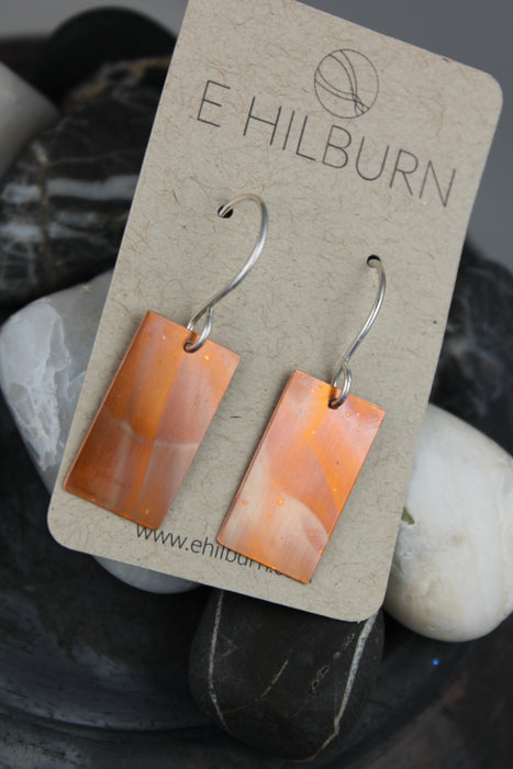 Flame Painted Copper Rectangle Earrings