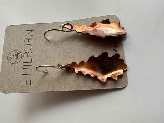 Copper Flame Painted Leaf Earrings 1.6 inch drop