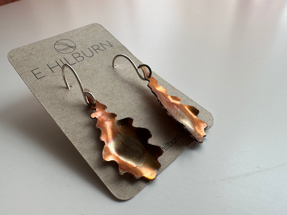 Copper Flame Painted Leaf Earrings 1.6 inch drop