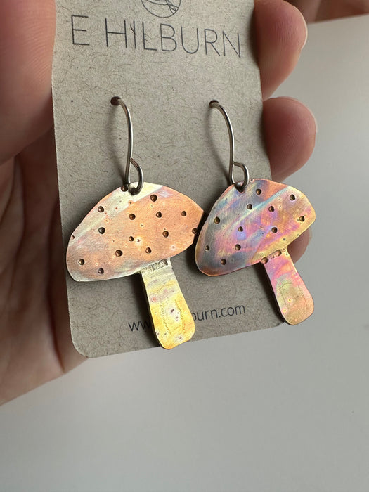 Copper Flame Painted Mushroom Earrings
