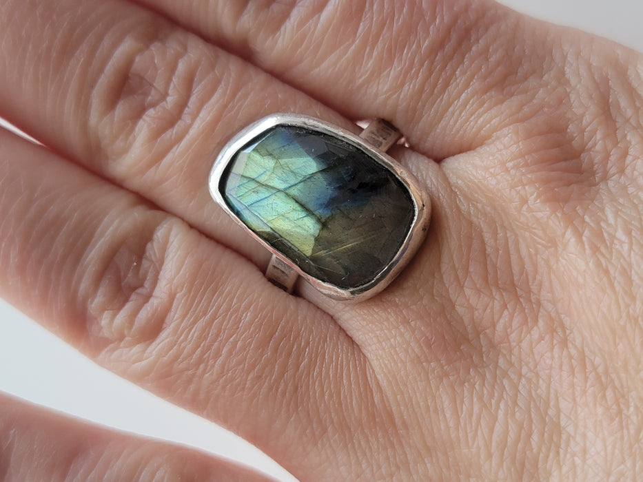Sterling Silver Faceted Labradorite Ring, Size 11