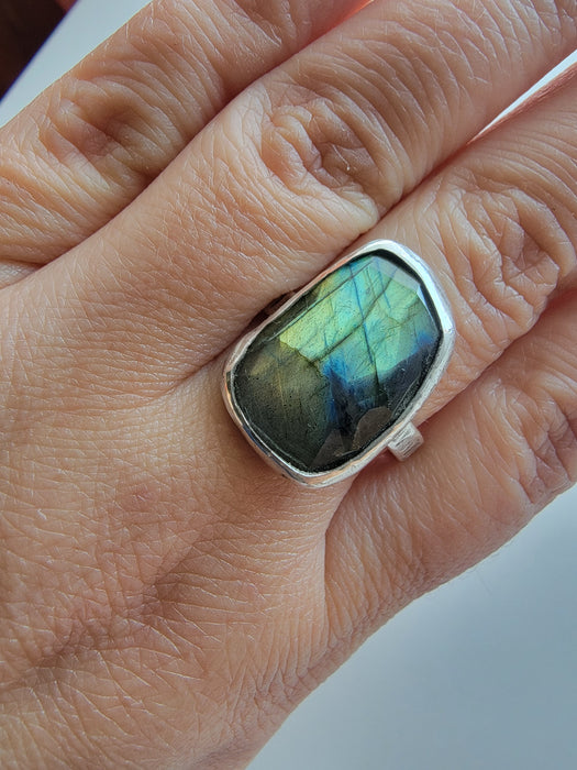Sterling Silver Faceted Labradorite Ring, Size 11